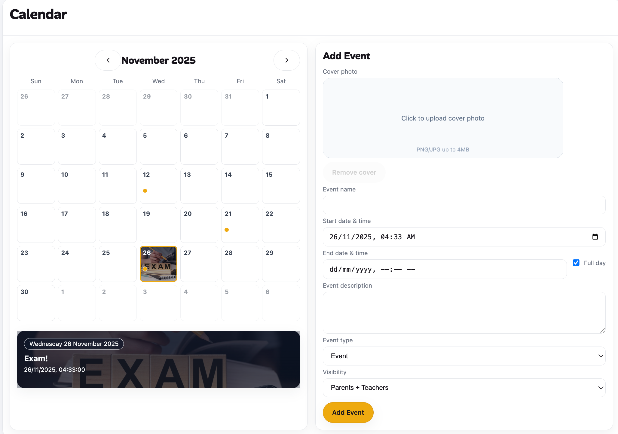 Events and communication planner interface preview