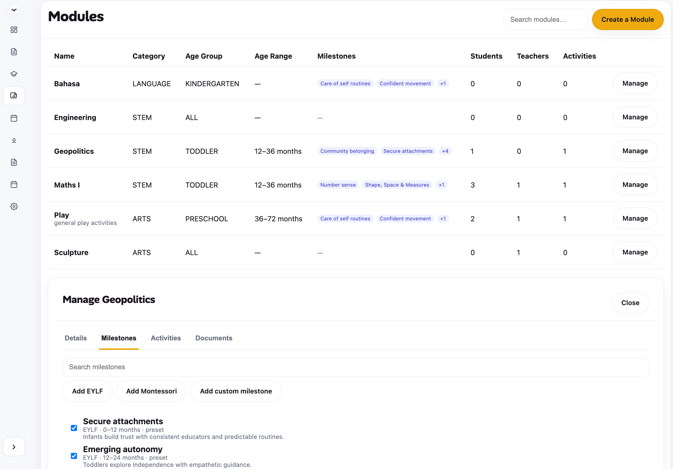 Attendance and classroom modules interface preview